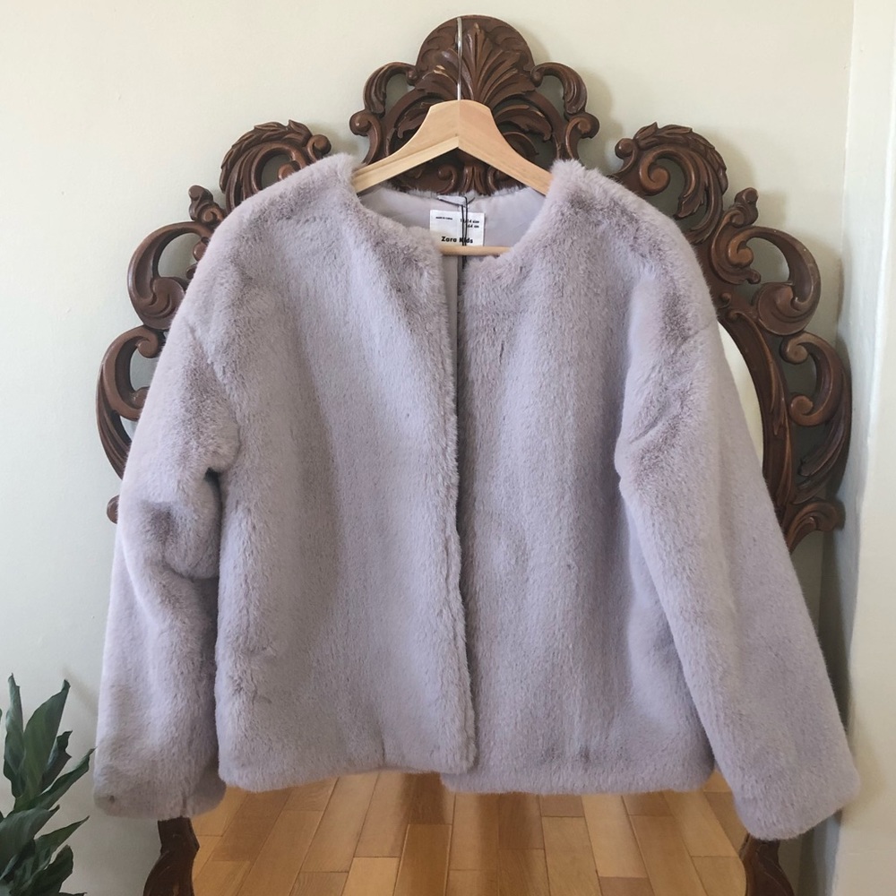 Zara Kids Faux Fur Zipper Jacket Coat Gray